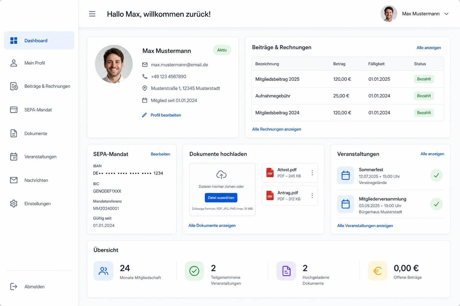 Member-Dashboard – geschützter Mitgliederbereich mit Profil, Beiträgen, SEPA-Mandat, Dokumenten und Veranstaltungen